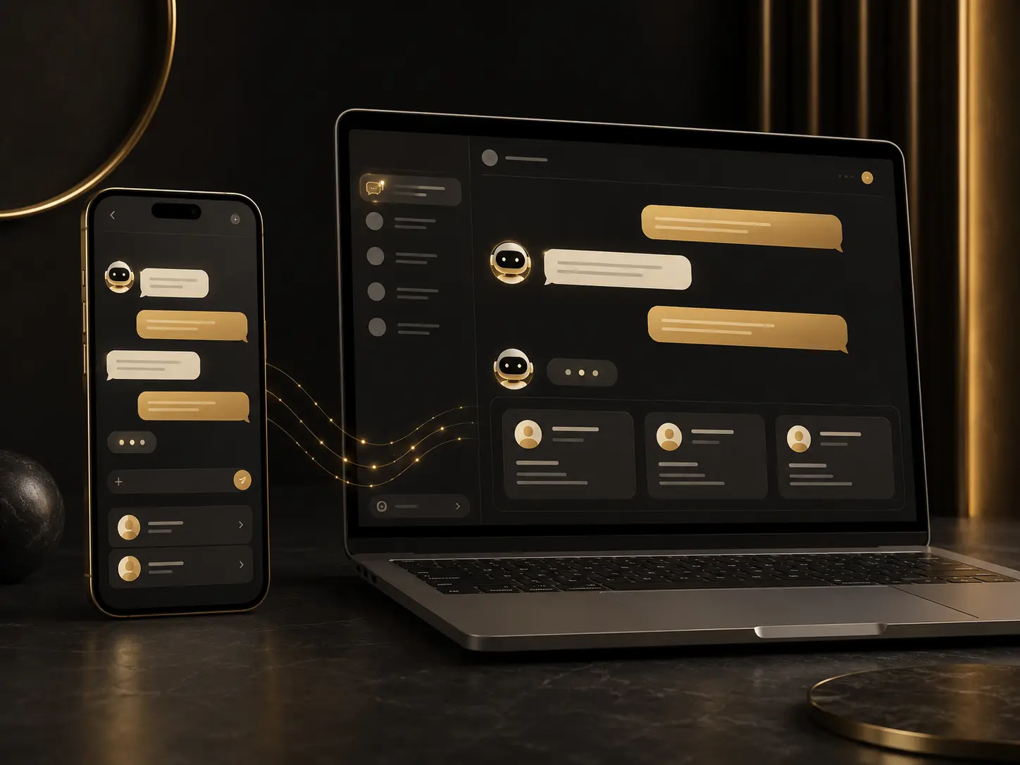 Demonstração visual de chatbot com inteligência artificial integrado entre celular e notebook