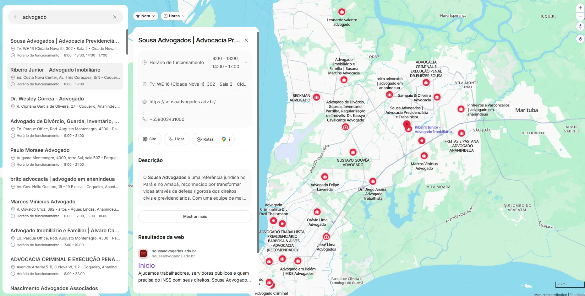 Exemplo real de empresa aparecendo no Google Maps e nos resultados de pesquisa