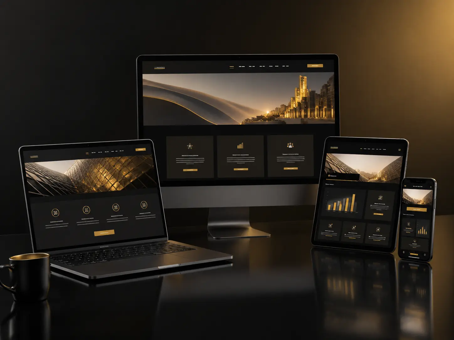 Demonstração de um site profissional exibido em computador, notebook, tablet e celular